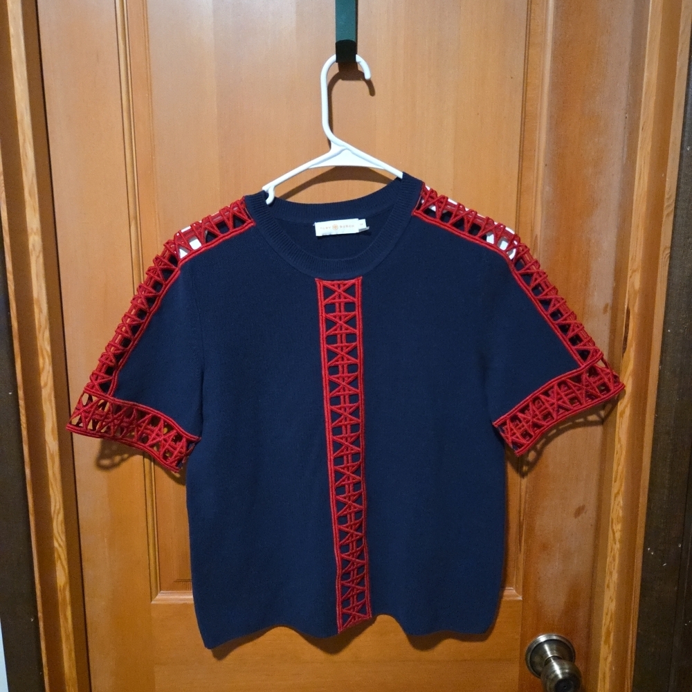Tory Burch Navy Sweater with Red Detail